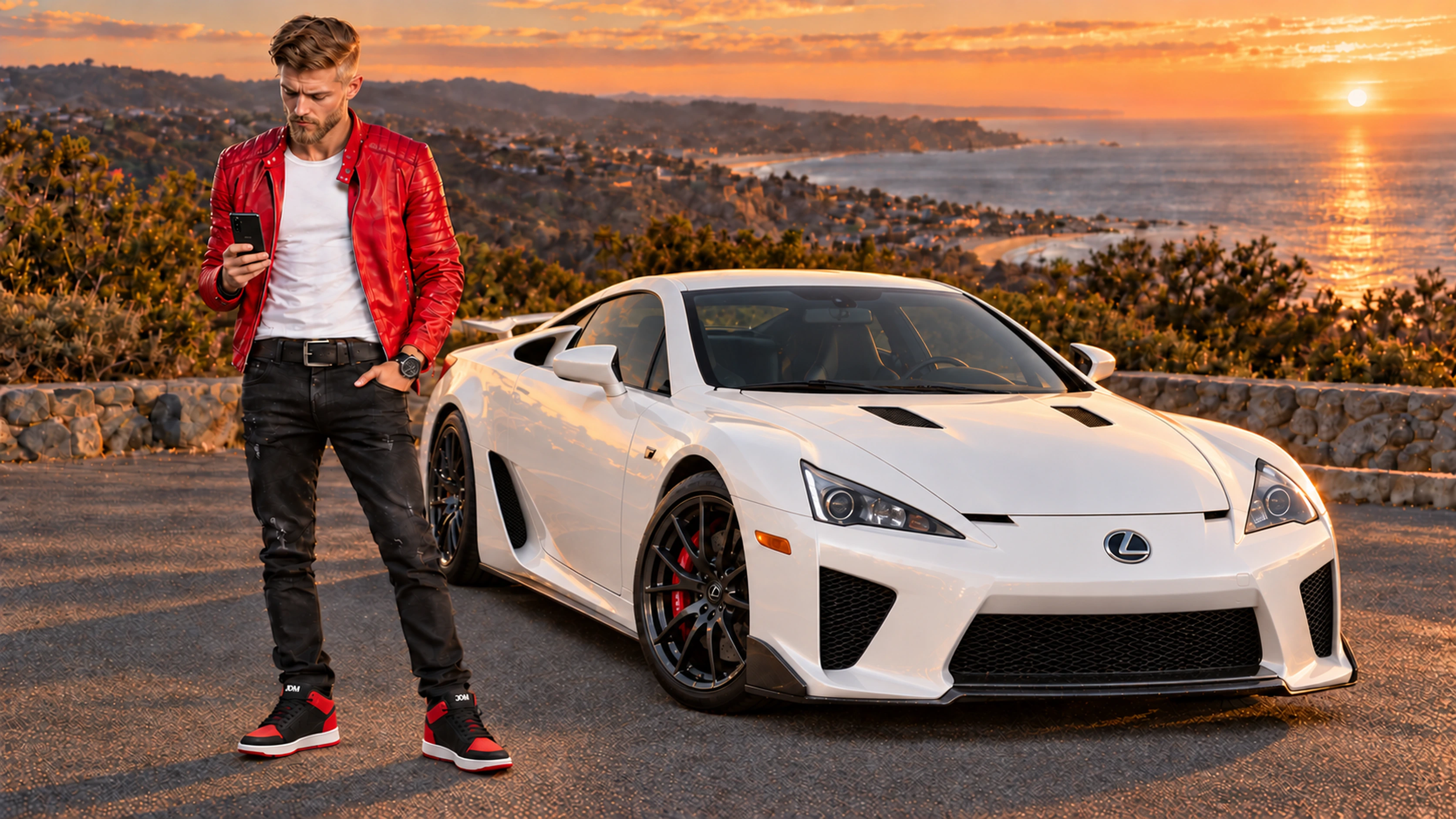JDMWEAR model beside a white Lexus LFA