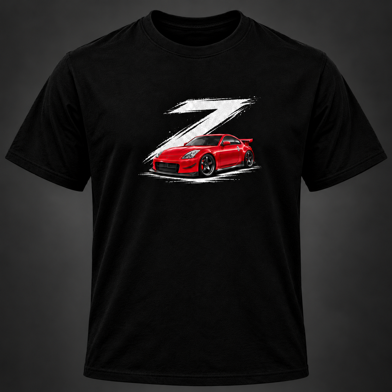Brushstroke Z Tee — red coupe and white brushstroke Z on a black crewneck